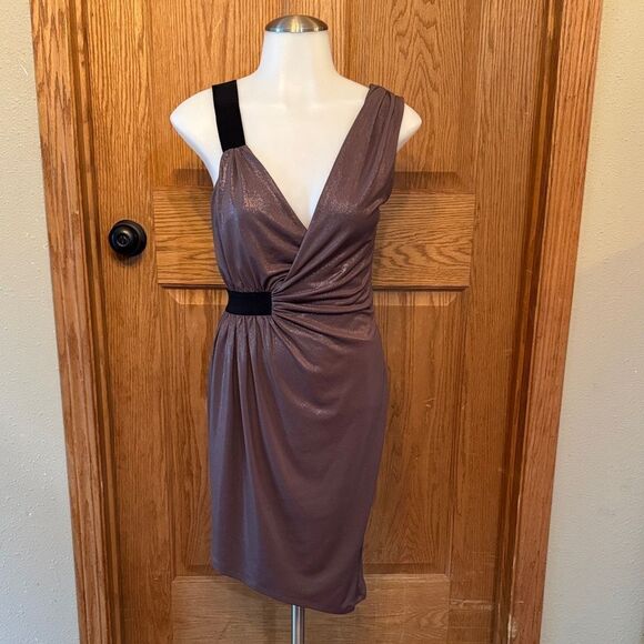 EXPRESS Mocha Shimmer Asymmetrical Hem Mini Dress - Picture 3 of 10